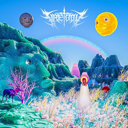 Surreal landscape with faces, rainbow, and abstract figures under a blue sky.