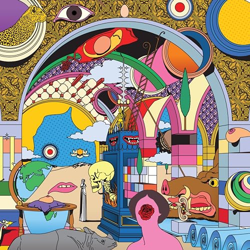 Surreal album cover with colorful, dreamlike imagery of animals, eyes, and architecture.