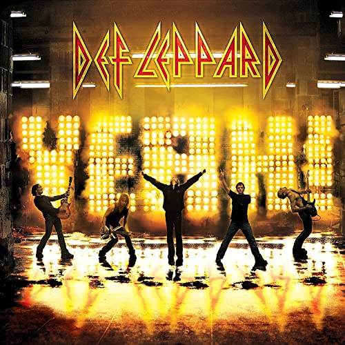 Def Leppard band members posing in front of bright stage lights spelling out Yeah.