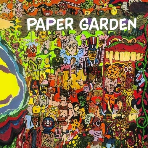 Colorful, chaotic album cover with many figures and the title "Paper Garden".