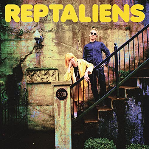 Album cover for Reptaliens’ “Multiverse” featuring two people on stairs.