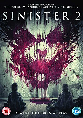 Sinister 2" DVD cover: ghostly face formed from red splatters, two children watching.