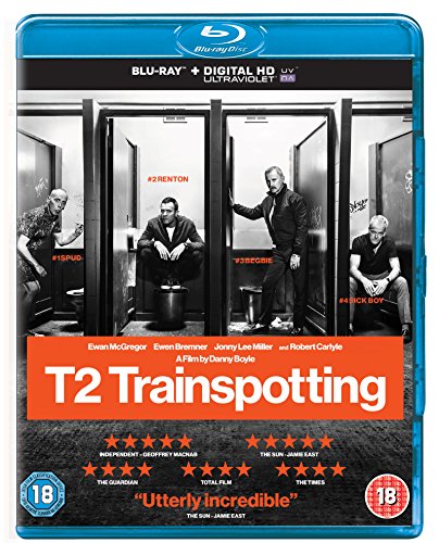 Blu-ray cover for "T2 Trainspotting" featuring four men in bathroom stalls.