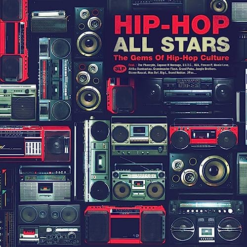 Vinyl album cover for “Hip-Hop Allstars” featuring vintage boomboxes.