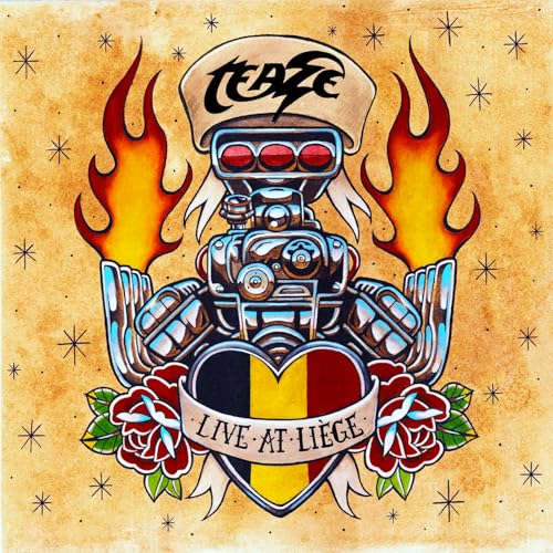 CD cover: skull-shaped engine with flames, Belgian flag heart, and roses.