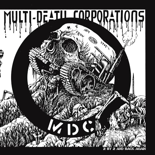 Black and white vinyl record cover with skull, machinery, and corporate logos.