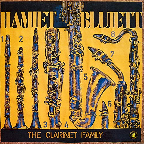 Yellow album cover with blue illustrations of various clarinet instruments.