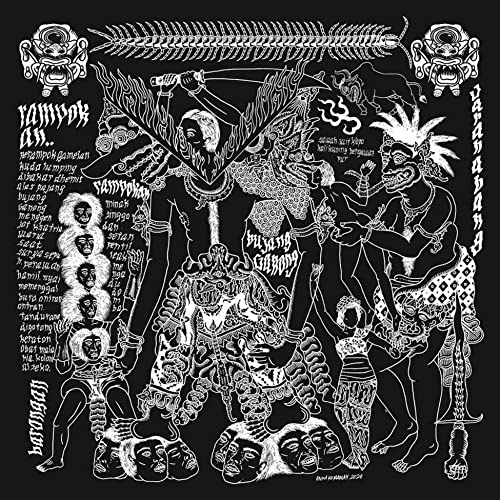 Black and white illustration of figures and creatures, album cover art.