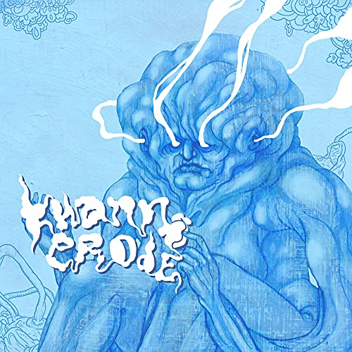 Blue illustration of a distorted face with swirling lines and text.