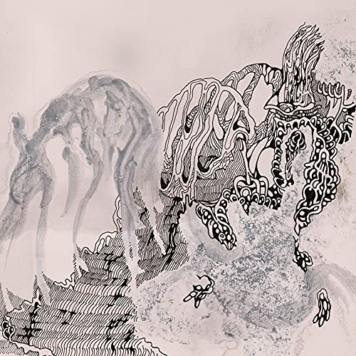 Abstract ink drawing of horses and swirling, textured patterns.