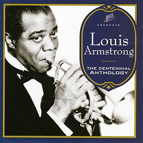 Louis Armstrong playing trumpet on CD cover, blue background.