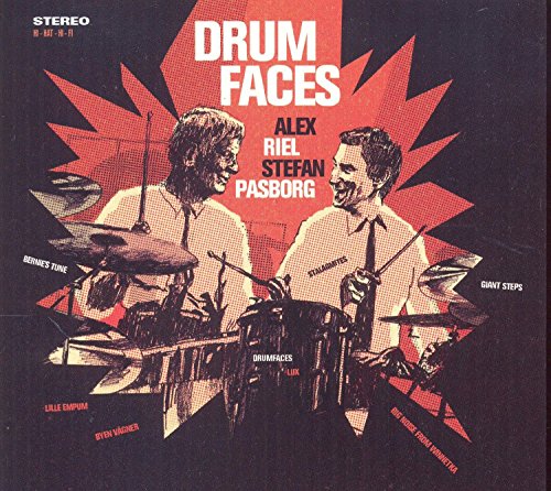 CD cover featuring two drummers, Alex Riel and Stefan Pasborg, with red starbursts.