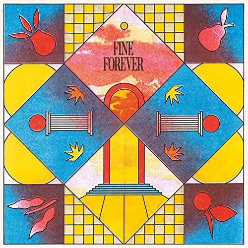 Vinyl record cover with abstract geometric design, fruit, and columns.
