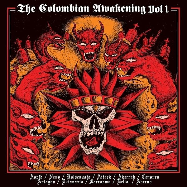 Red album cover with a skull, demons, and tombstones for "Colombian Awakening Vol. 1.