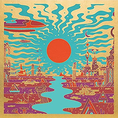 Psychedelic album cover with a red sun, UFOs, and swirling turquoise patterns.