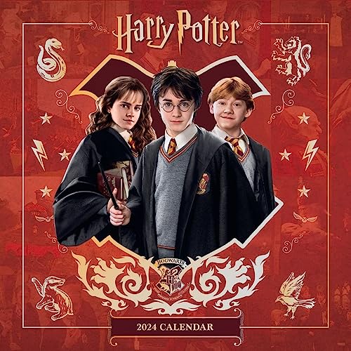 2024 Harry Potter calendar featuring Hermione, Ron, and Harry in Hogwarts robes.