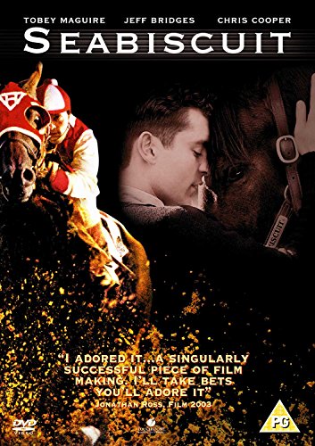 Seabiscuit DVD cover: a man with a horse, golden splashes, dark background.