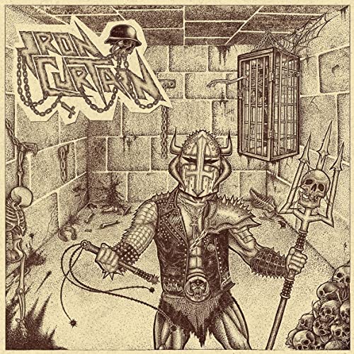 Detailed pen and ink drawing of a metal gladiator in a dungeon.