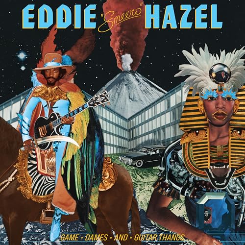 Album cover featuring two musicians with a volcano and car backdrop.