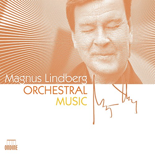 CD cover for Magnus Lindberg’s Orchestral Music with portrait and signature.