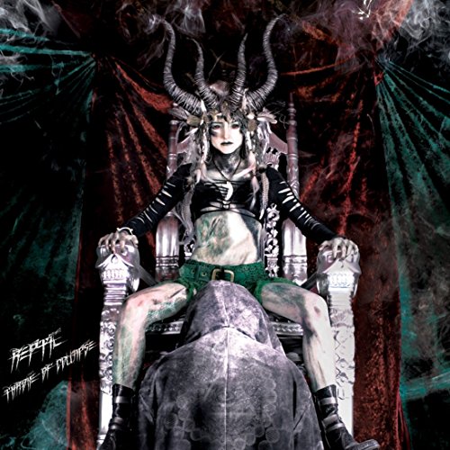 Figure with horns seated on a throne, kneeling person below.