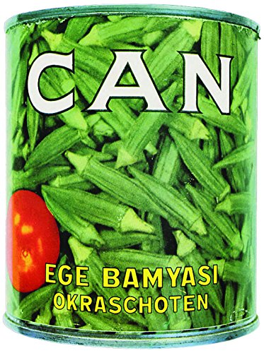 Metal can labeled "Ege Bamyasi" filled with green okra and a tomato.