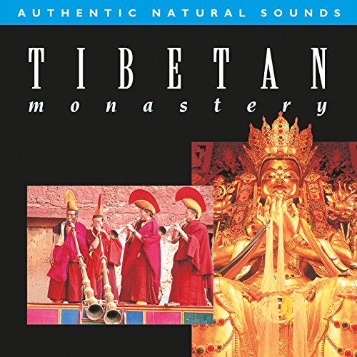 CD cover featuring Tibetan monks with instruments and a golden statue.