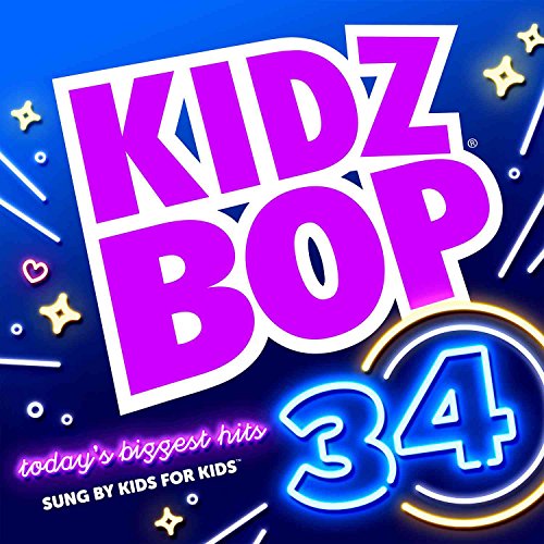 Kidz Bop 34 CD cover with purple logo, stars, and number 34.