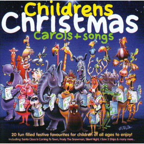 CD cover with cartoon animals singing Christmas carols and holding sheet music.