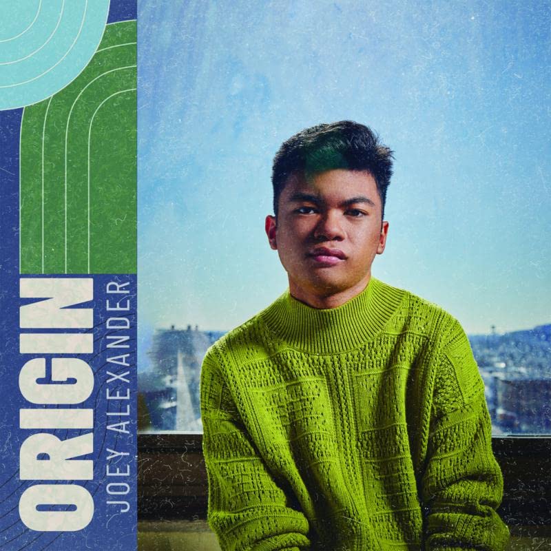 Album cover for "Origin" by Joey Alexander, featuring a portrait and abstract design.