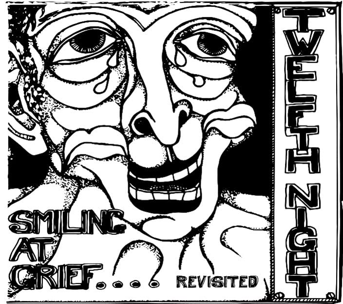 Black and white album cover with a crying, smiling face and text.