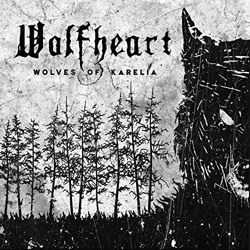 Wolfheart album cover: dark forest silhouette, wolf head, and band name.