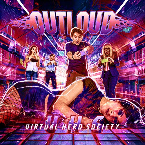 CD cover for Outloud’s “Virtual Hero Society” featuring figures in a neon city.