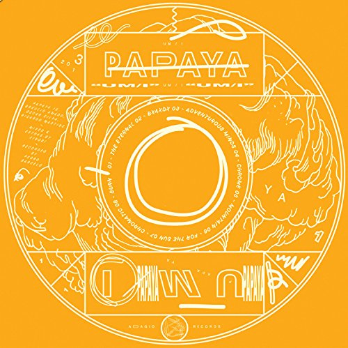 Yellow vinyl record label with white line art of papaya and waves.