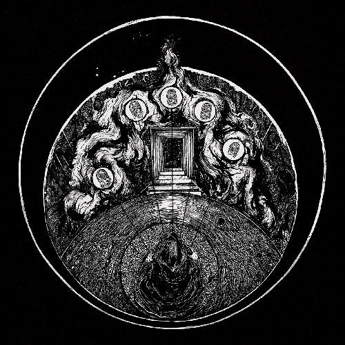 Black and white circular illustration of a doorway with eyes and swirling forms.
