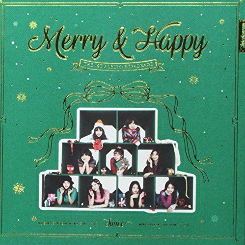 Green album cover for Twice’s “Merry & Happy” with group photo.