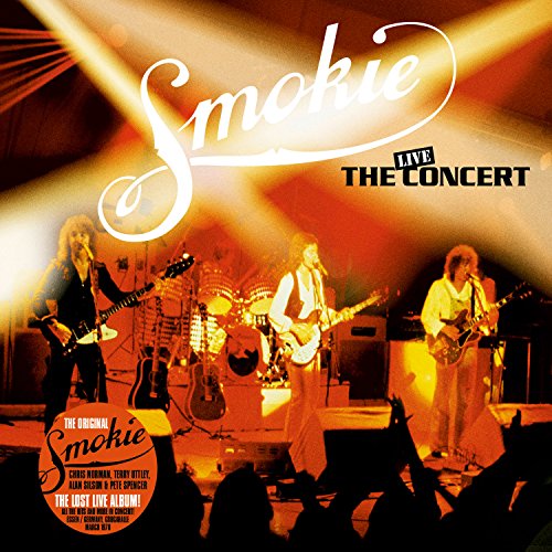 Smokie band performing live on stage, album cover for "The Concert" vinyl.