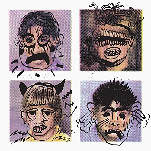 Four distorted, expressive faces in square panels, black outlines, colorful.