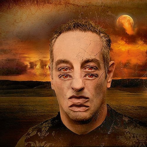 Man with multiple eyes against a fiery, textured landscape.