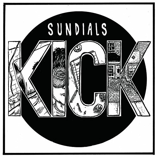 Black and white album cover for Sundials’ “Kick” with illustrated lettering.