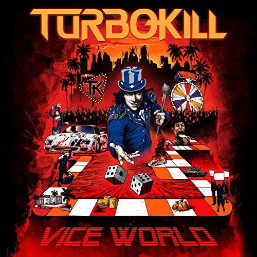 Album cover for Turbokill’s “Vice World” featuring a checkered landscape and figures.