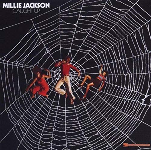 Three people suspended in a large white spider web against a black background.