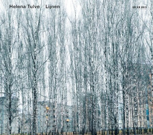 CD cover with a dense forest of birch trees and buildings.
