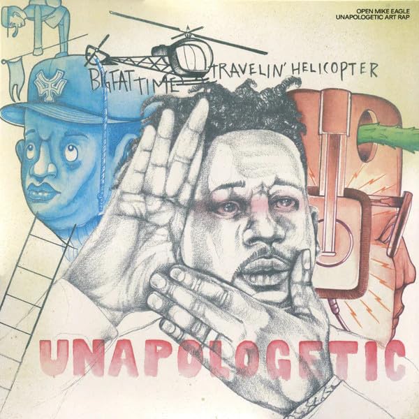 Vinyl record cover featuring illustrated portraits and a helicopter.