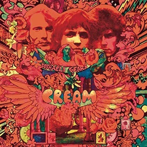 Psychedelic album cover for Cream's Disraeli Gears featuring band portraits and vibrant floral patterns.