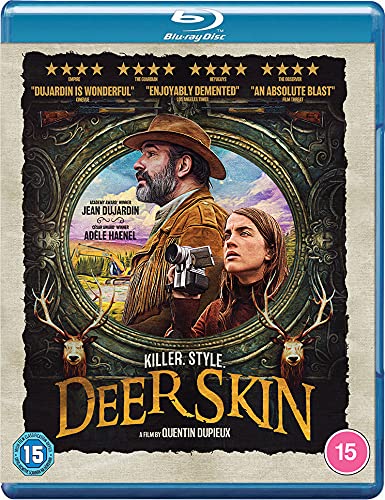 Blu-ray cover for "Deerskin" featuring a man and woman in a forest scene.