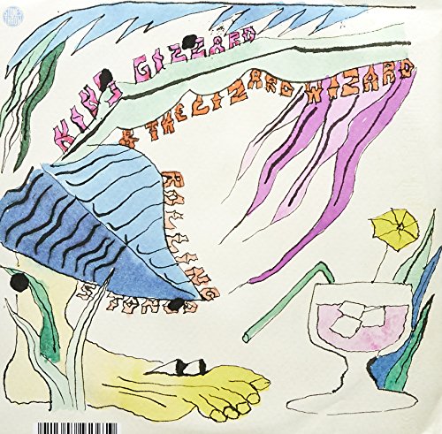 Watercolor style illustration with a foot, a cocktail, and band text on white background.