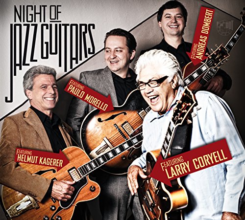 Four smiling jazz guitarists with their instruments, album cover art.