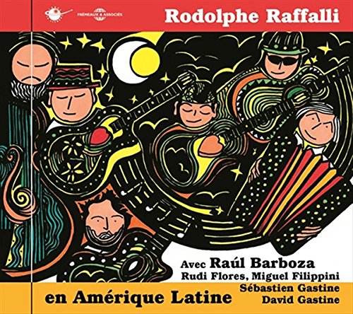 Stylized illustration of five musicians playing guitars and an accordion under a crescent moon.