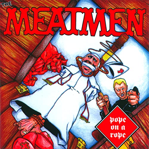 Cartoon illustration of a bound pope, a red devil, and a man on stage.